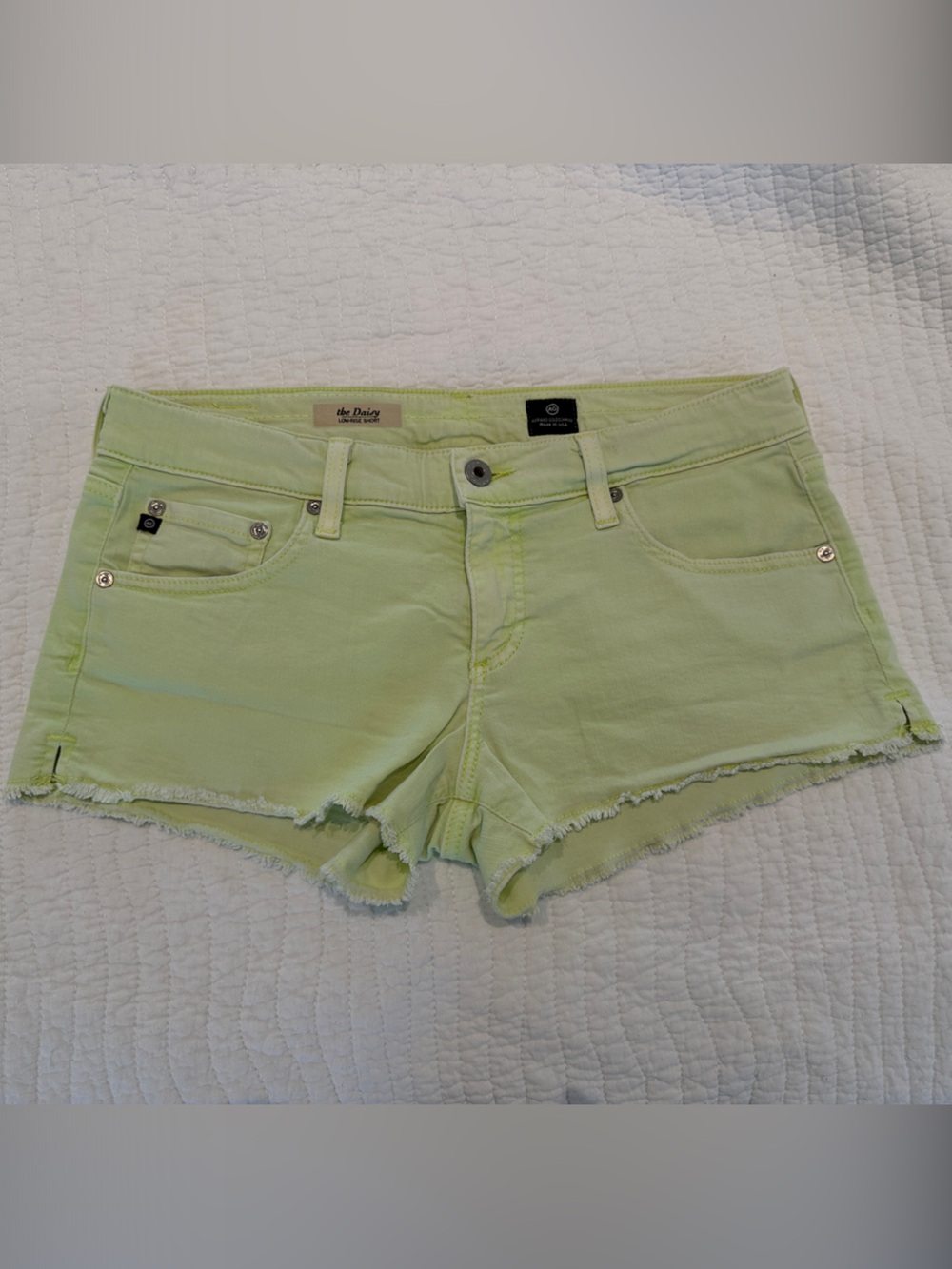 AG Adriano Goldschmied the Daisy Low Rise Lime Green Denim Cutoff Shorts Size 30